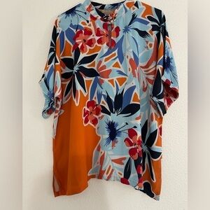 Soft Surroundings Orange Blue  Black Floral Top Blouse Size Medium